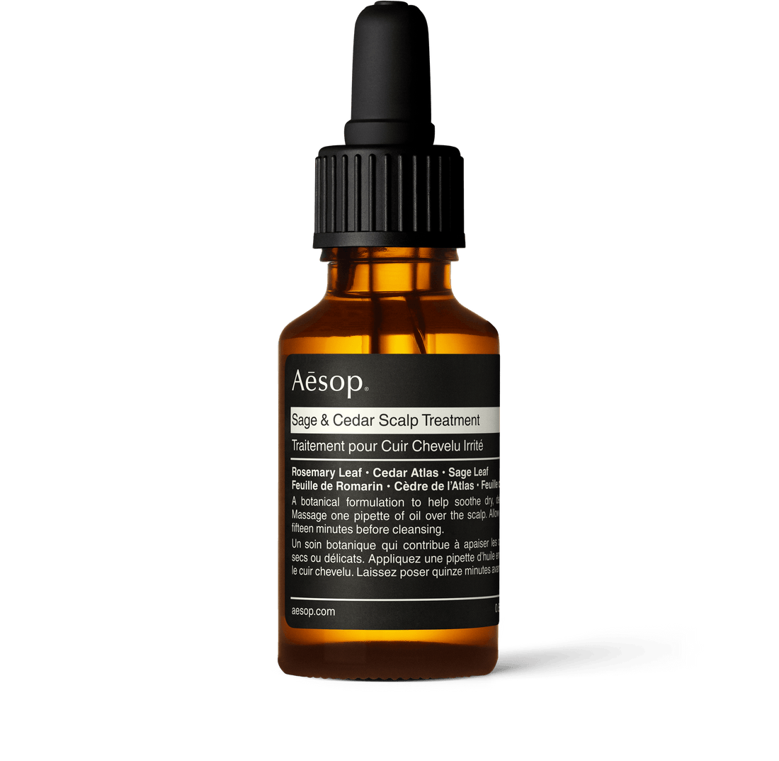 25 ml bottle of Aesop Sage & Cedar Scalp Treatment